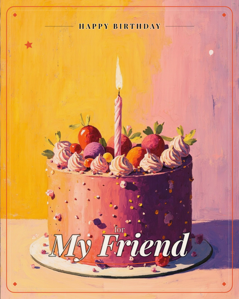 A single round cake sits on a white plate against a bold split background of mustard yellow and dusty pink, a birthday e-card design