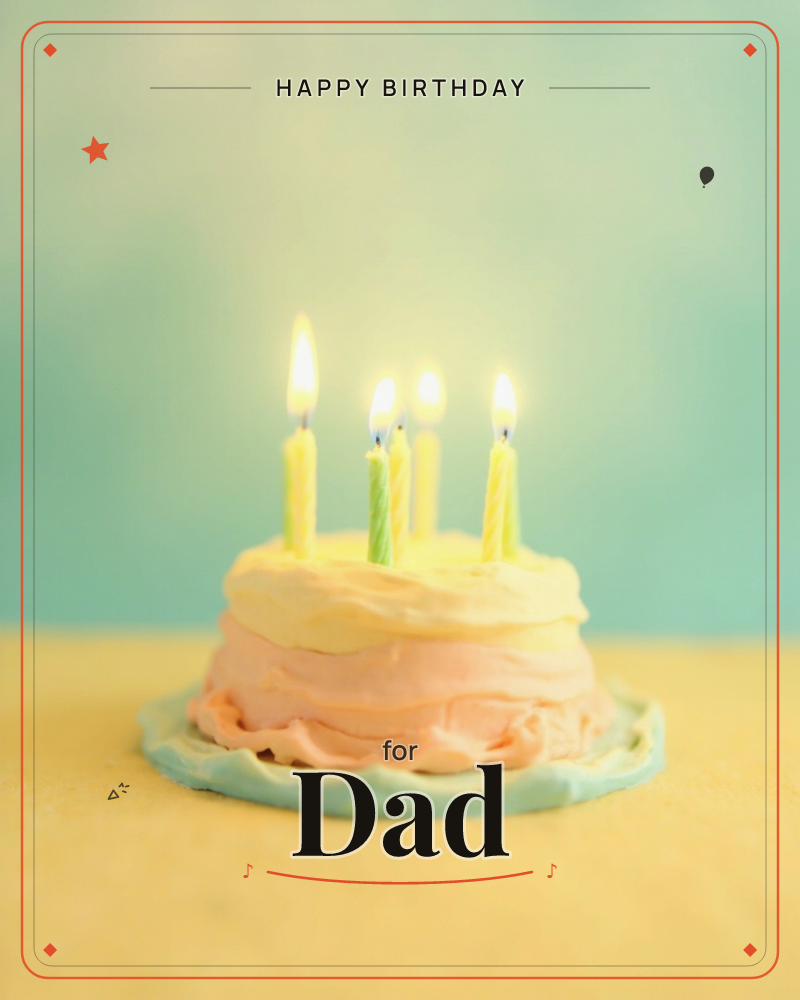 A small frosted cake sits alone on a pale tabletop, its pink and cream layers topped with four lit candles glowing against a soft teal backdrop, a birthday e-card design