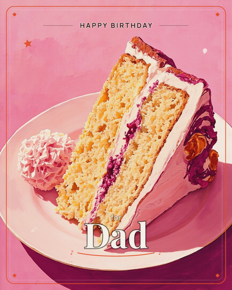 A generous slice of layered sponge cake sits on a pale pink plate, its berry-jam filling and white frosting glowing against an all-pink background, a birthday e-card design