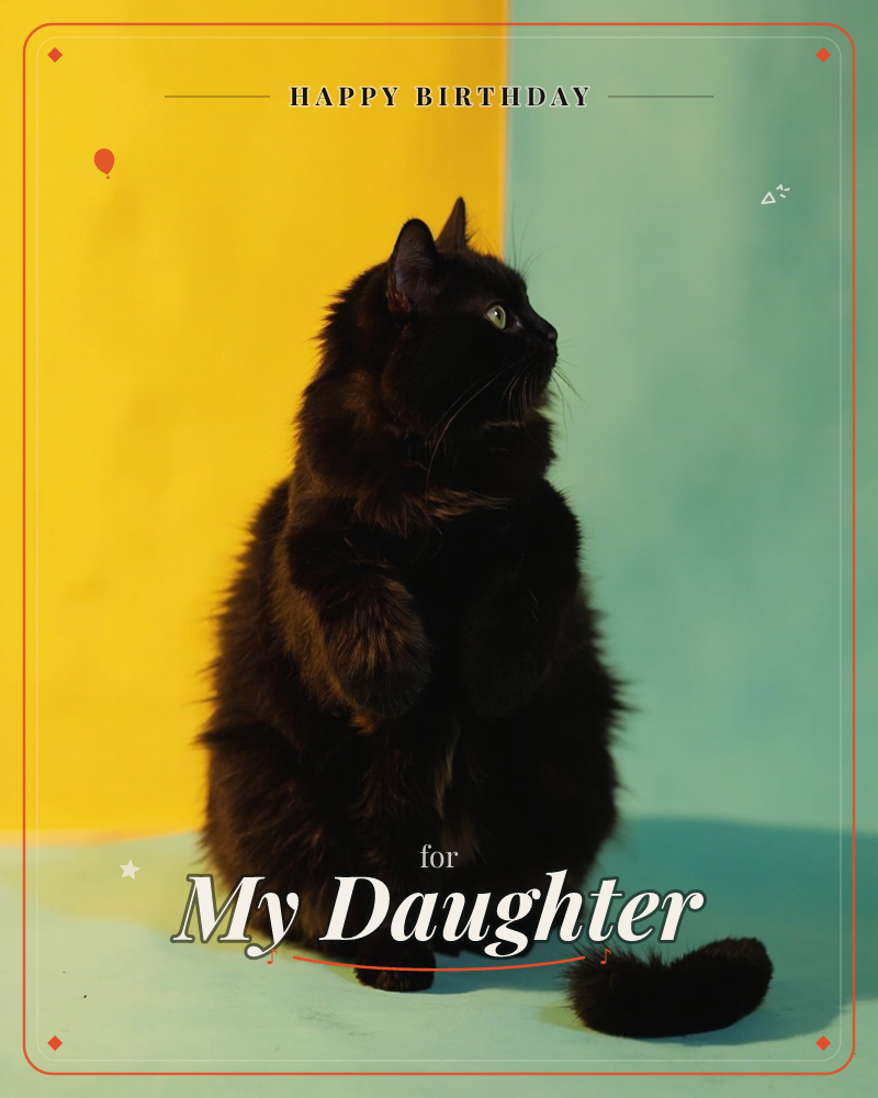 A long-haired black cat sits upright against a wall split into bold yellow and teal halves, its fur catching a warm side light while its face turns in…, a birthday e-card design
