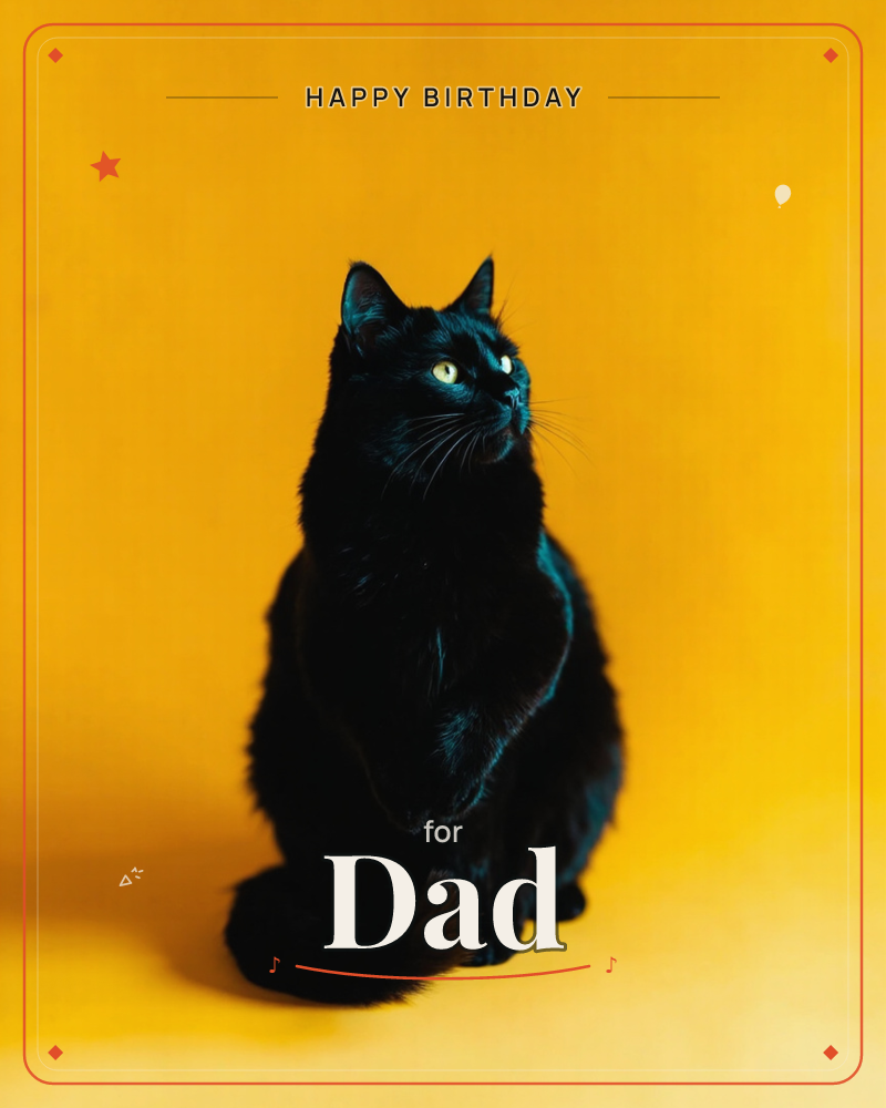 A black cat sits upright against a bold mustard-yellow backdrop, its long fur catching hints of blue light while its pale green eyes glance off to the…, a birthday e-card design