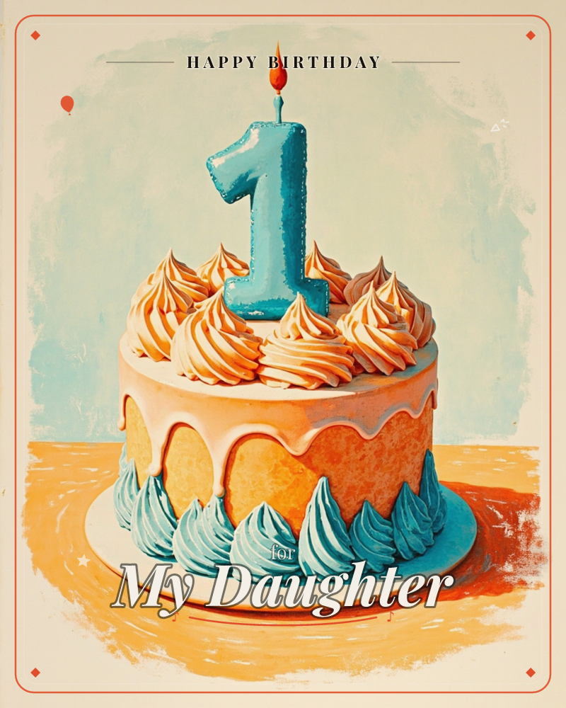 A round birthday cake sits on a plain white plate against a soft teal wash, its orange sponge peeking through drips of white icing, a birthday e-card design