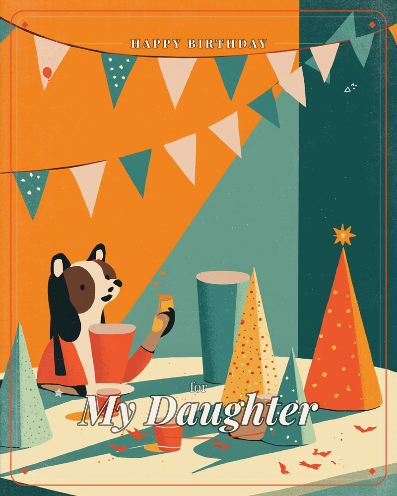 A stuffed toy dog with floppy ears sits at a party table scattered with confetti, party hats, and spilled cups, holding a tiny noisemaker, a birthday e-card design