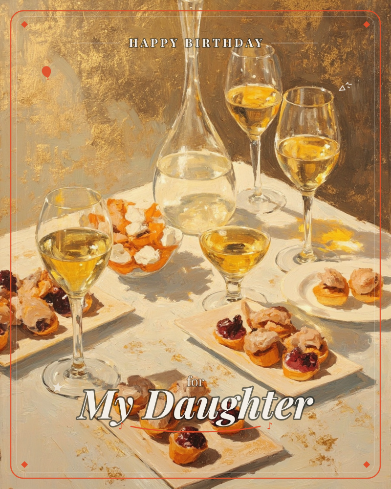 A sunlit table is set with three glasses of white wine and a glass carafe, surrounded by small plates of canapés topped with cream, cranberries and pastry, a birthday e-card design