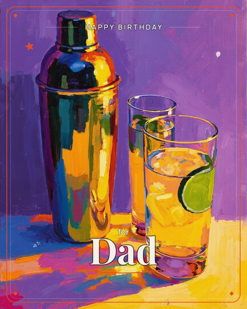 A metallic cocktail shaker gleams with rainbow reflections beside two tall glasses of ice and golden liquid, one garnished with a bright lime wedge, a birthday e-card design