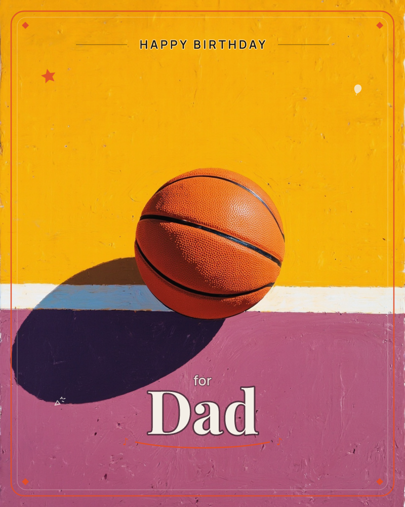 A single basketball sits on a painted court where mustard-yellow wall meets a mauve-pink floor, divided by a thin white and pale-blue boundary line, a birthday e-card design