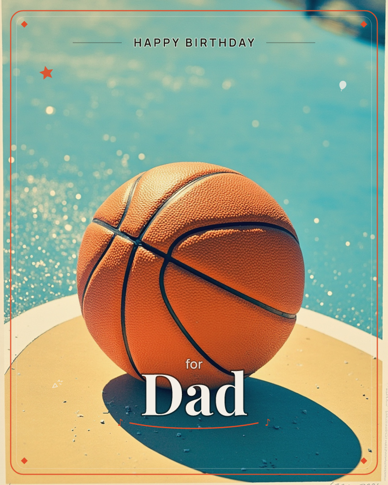 A basketball sits on sun-warmed poolside concrete, its leather surface glowing orange under bright light while the pool water sparkles turquoise behind…, a birthday e-card design