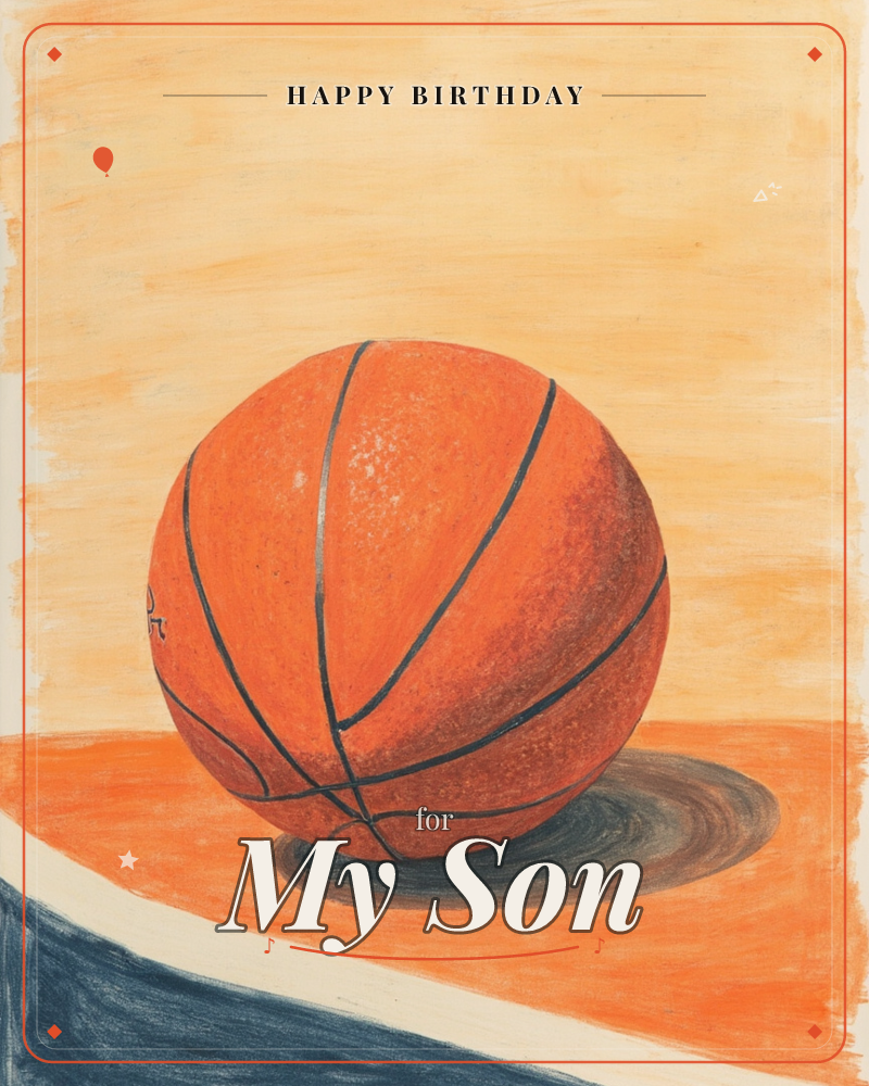 A single basketball sits on an orange court, its dark seams curving across the surface and a soft shadow pooling beneath it, a birthday e-card design