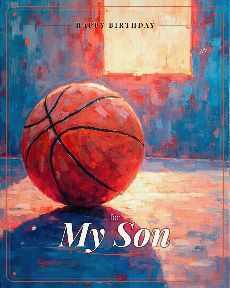 A single basketball rests on a gym floor, painted in bold, loose brushstrokes of orange and blue, a birthday e-card design