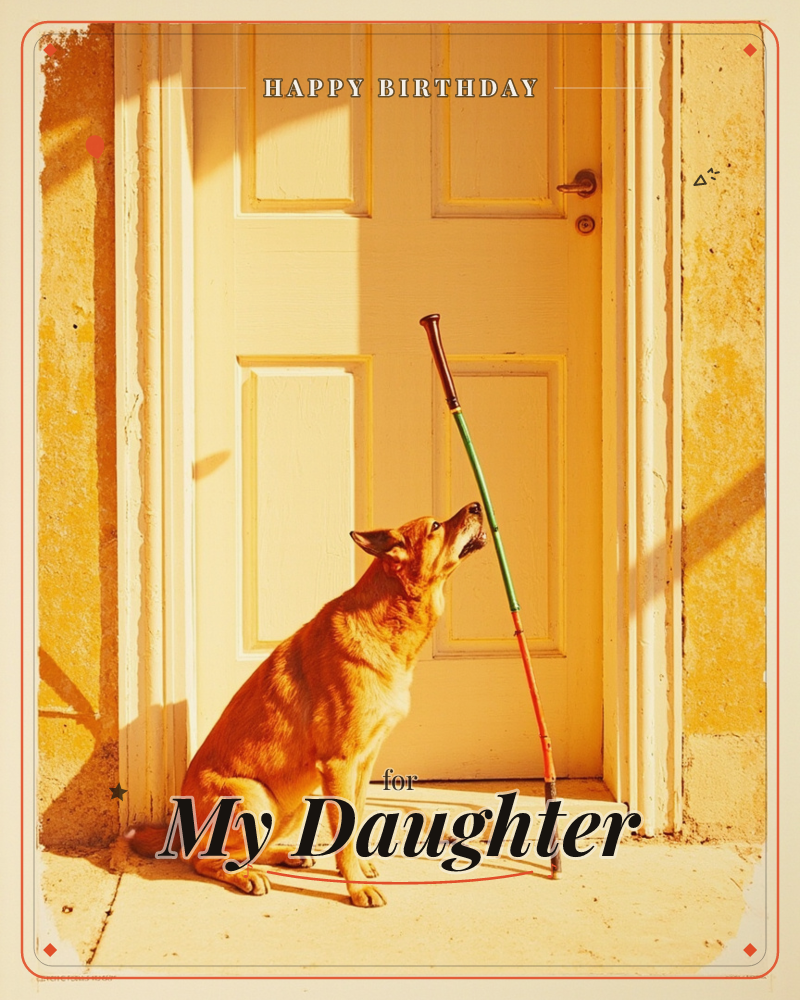 A dog sits patiently on a sunlit stoop before a paneled door, nose lifted toward a walking cane propped against the frame, a birthday e-card design