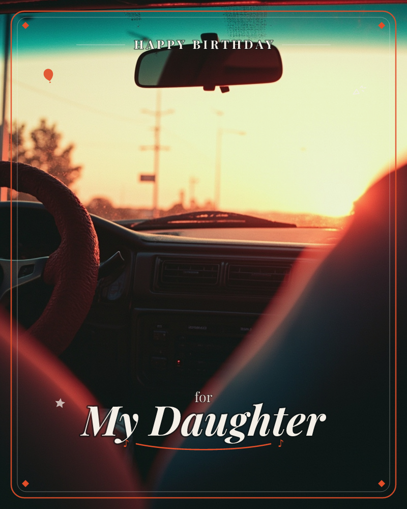A view from inside an old car at sunset, looking past the red steering wheel and dashboard toward a glowing horizon lined with power lines and trees, a birthday e-card design