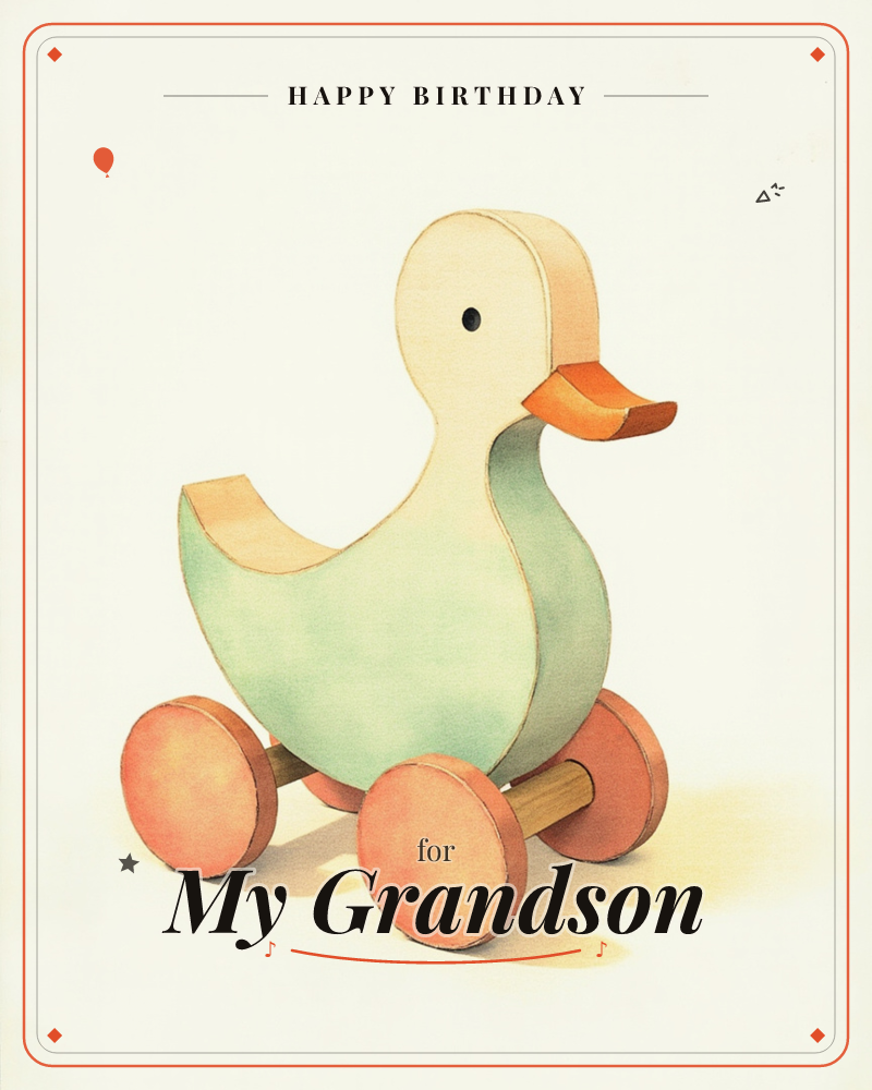 A wooden pull-along duck toy sits against a plain cream background, its body painted soft sage green with a cream head and an orange beak, a birthday e-card design