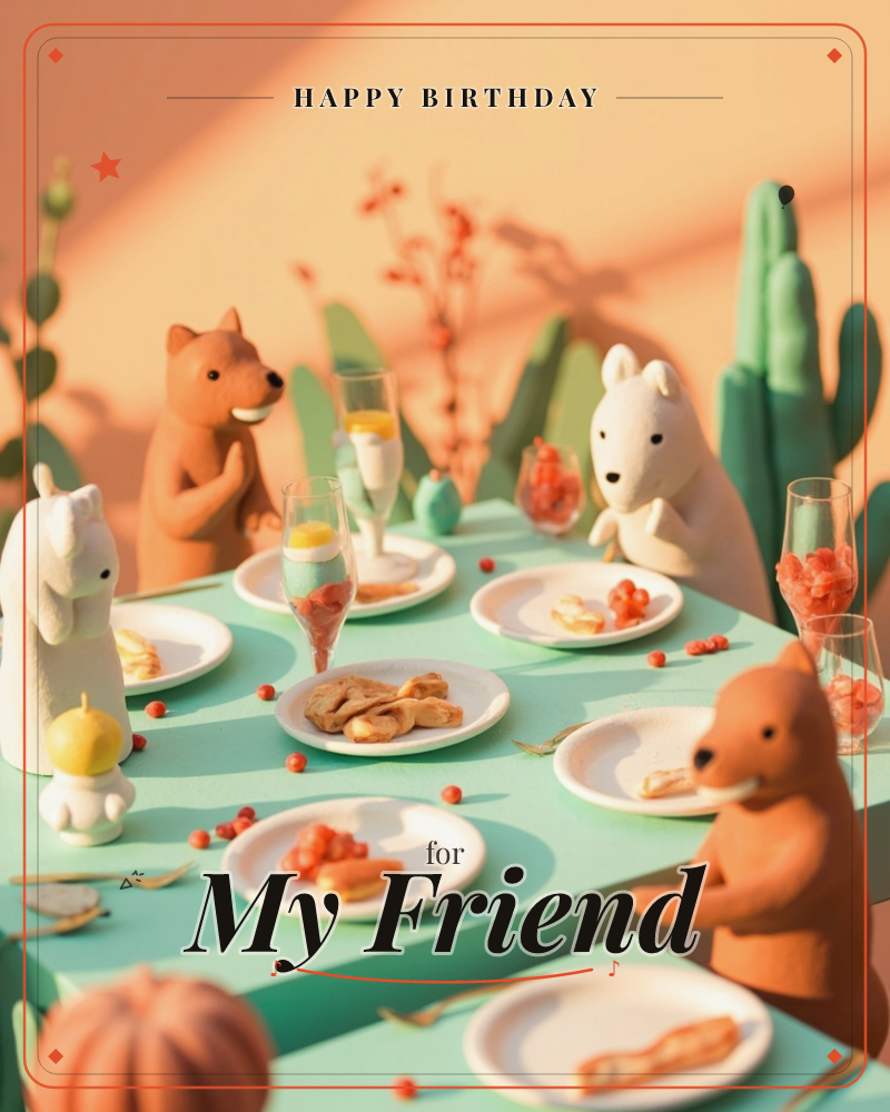A whimsical claymation-style scene shows a group of sculpted animal figures, foxes and polar bears, gathered around a mint-green table set for a…, a birthday e-card design