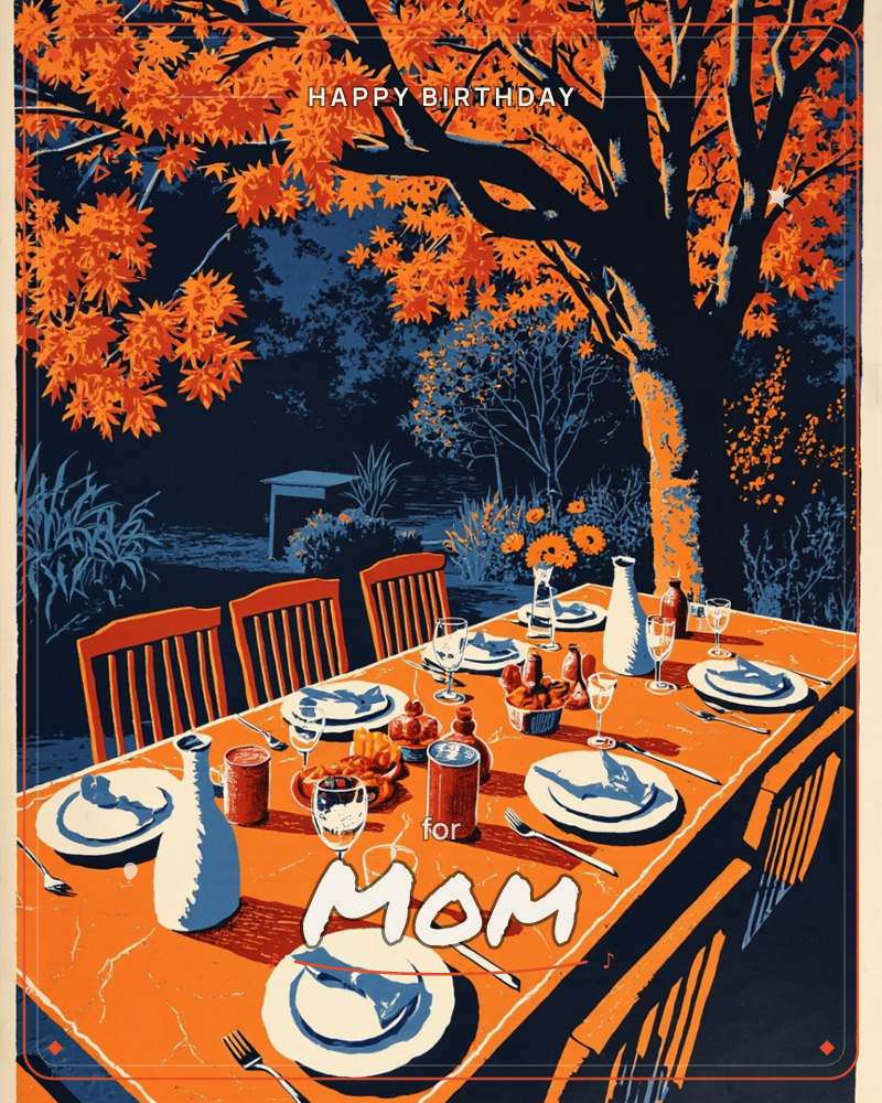 A long outdoor table is set for a gathering beneath a sprawling autumn tree, its branches heavy with orange leaves against a deep navy garden backdrop, a birthday e-card design