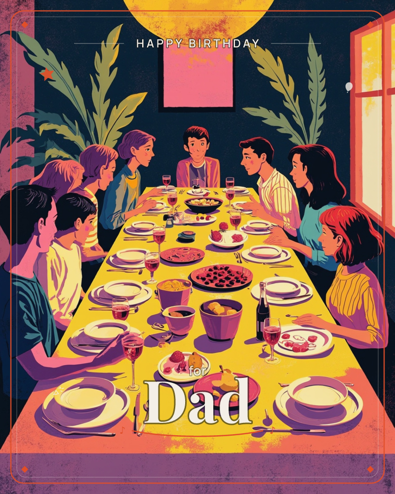 A long golden-yellow table stretches down the middle of the card, crowded with plates, wine glasses, fruit bowls and shared dishes, while a large group…, a birthday e-card design