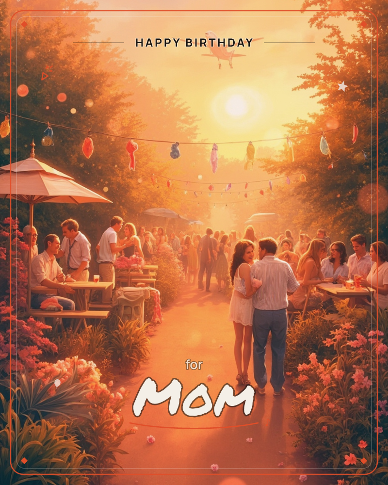 A golden sunset floods a garden pathway lined with flowering shrubs, café umbrellas and picnic tables, where a small plane drifts across a glowing sky…, a birthday e-card design