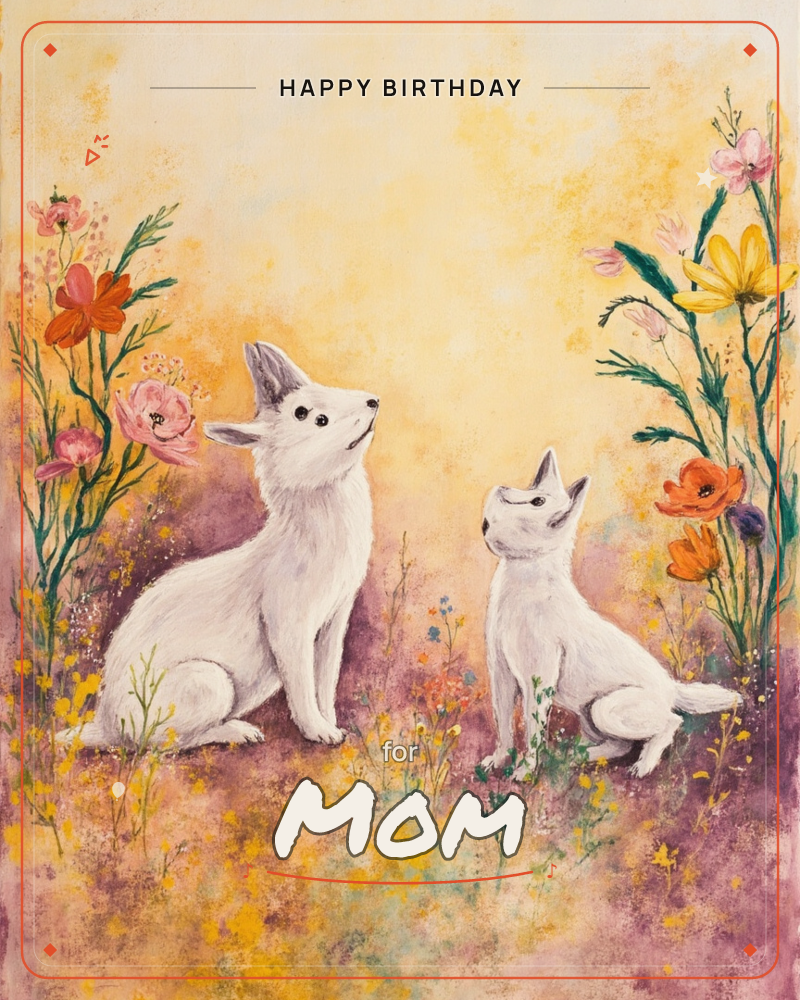 Two white foxes sit side by side in a meadow thick with painted wildflowers, muzzles tilted up as if watching something drift overhead, a birthday e-card design