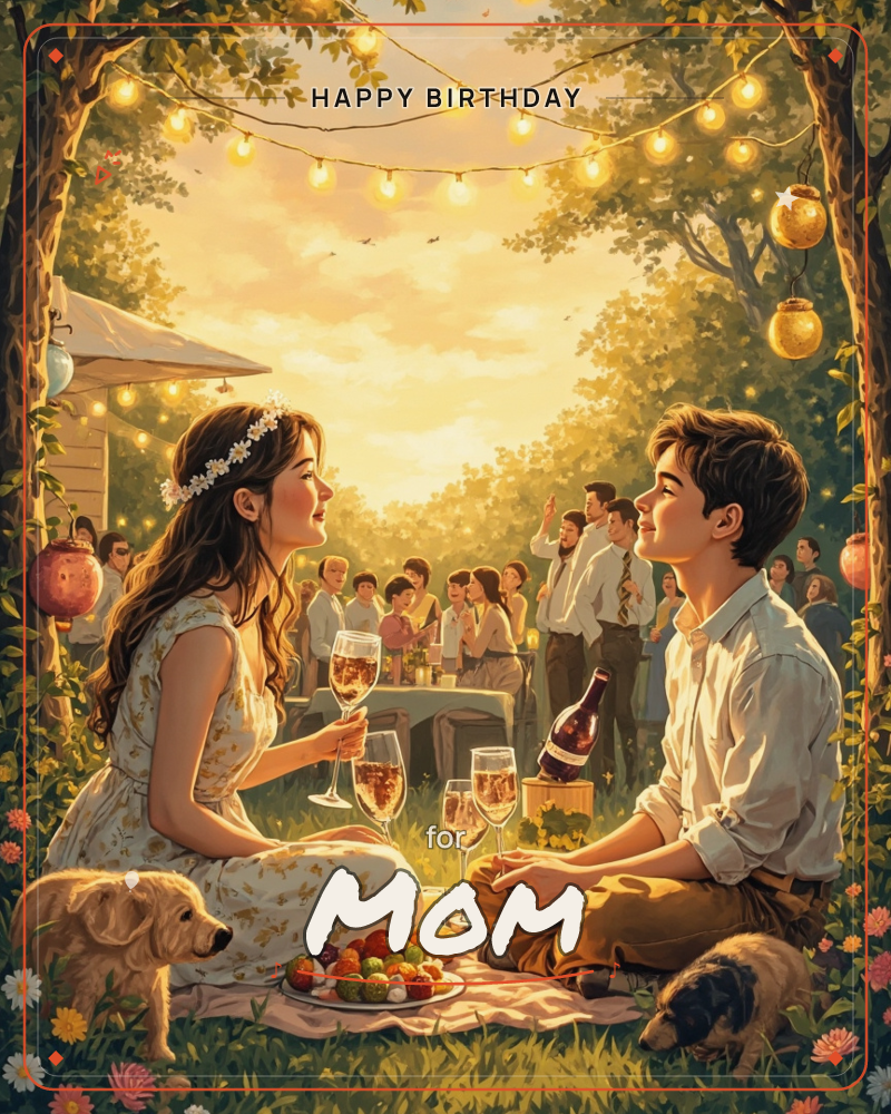 A woman with a flower crown and a man sit facing each other on a picnic blanket beneath a canopy of string lights, raising glasses of wine as two small…, a birthday e-card design