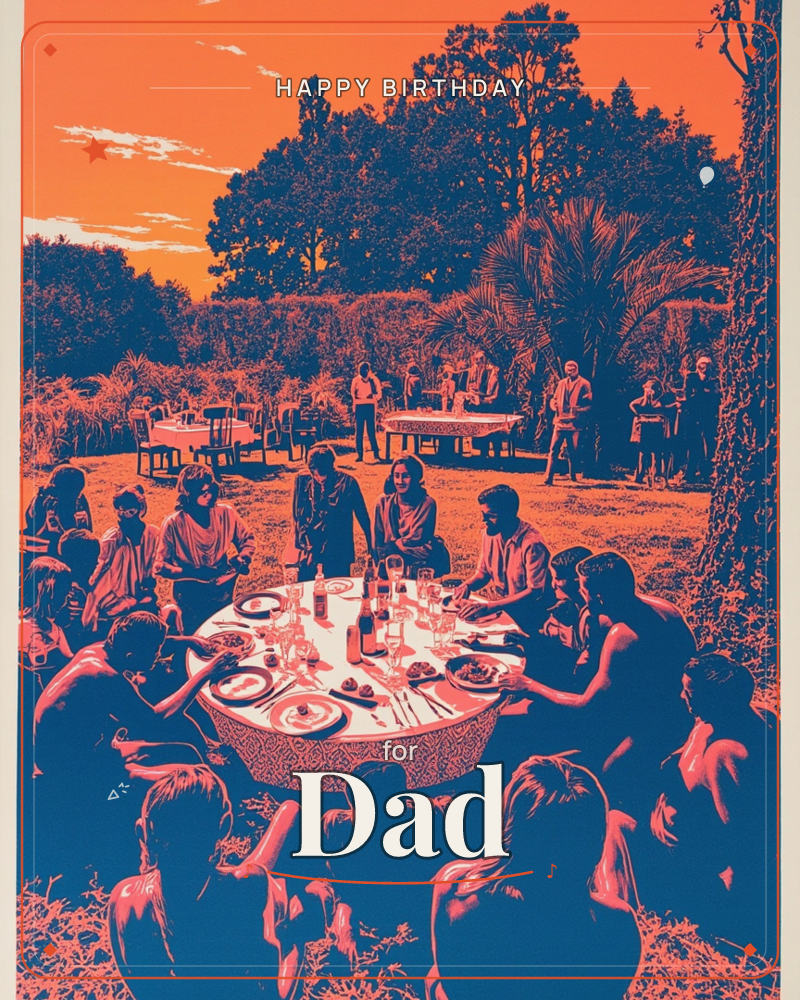 A crowd gathers around a laid table in a garden at dusk, plates and wine glasses set out beneath tall trees and palms, with more tables and figures…, a birthday e-card design