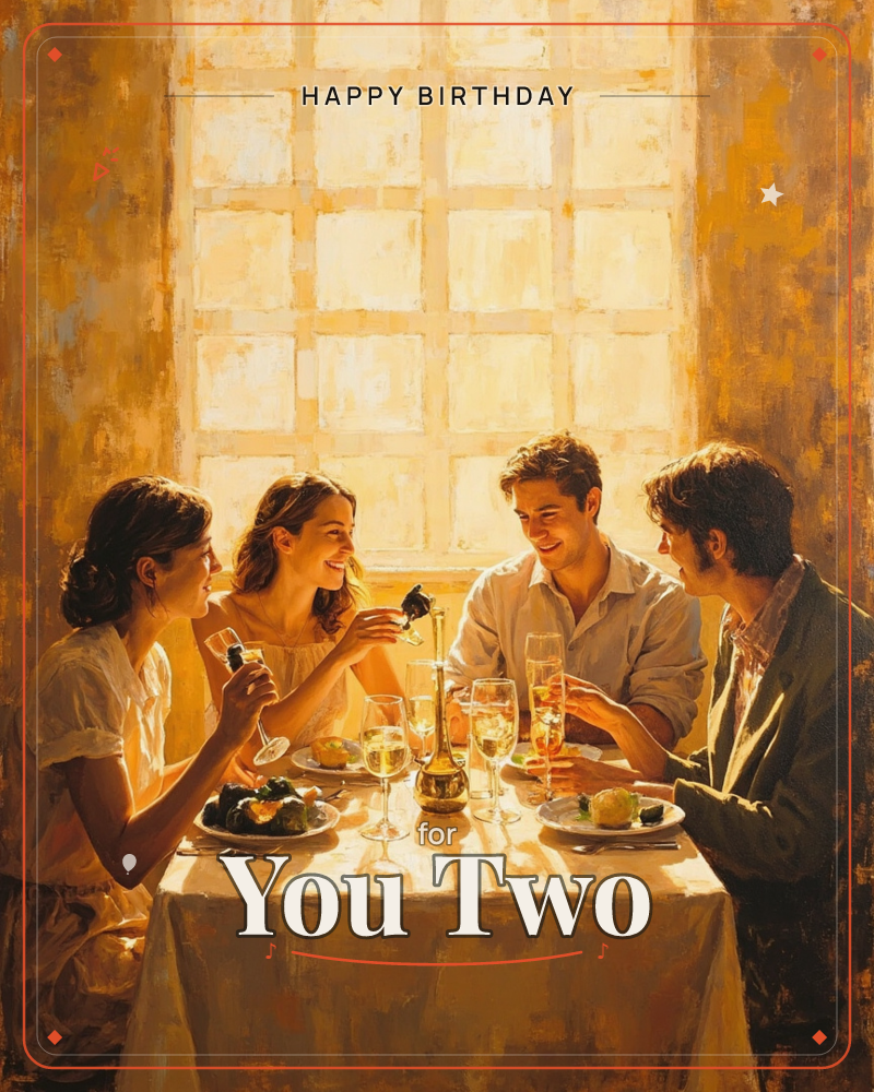 Four friends sit close around a small table by a large sunlit window, sharing wine and a plate of food in a wash of golden light, a birthday e-card design
