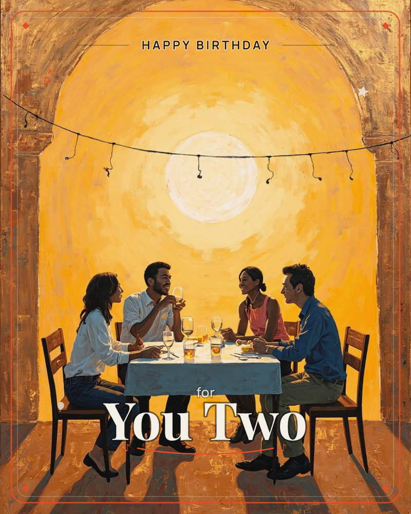 Four friends sit around a small table beneath a glowing stone archway, sharing wine glasses and laughing under a string of bare bulbs, a birthday e-card design