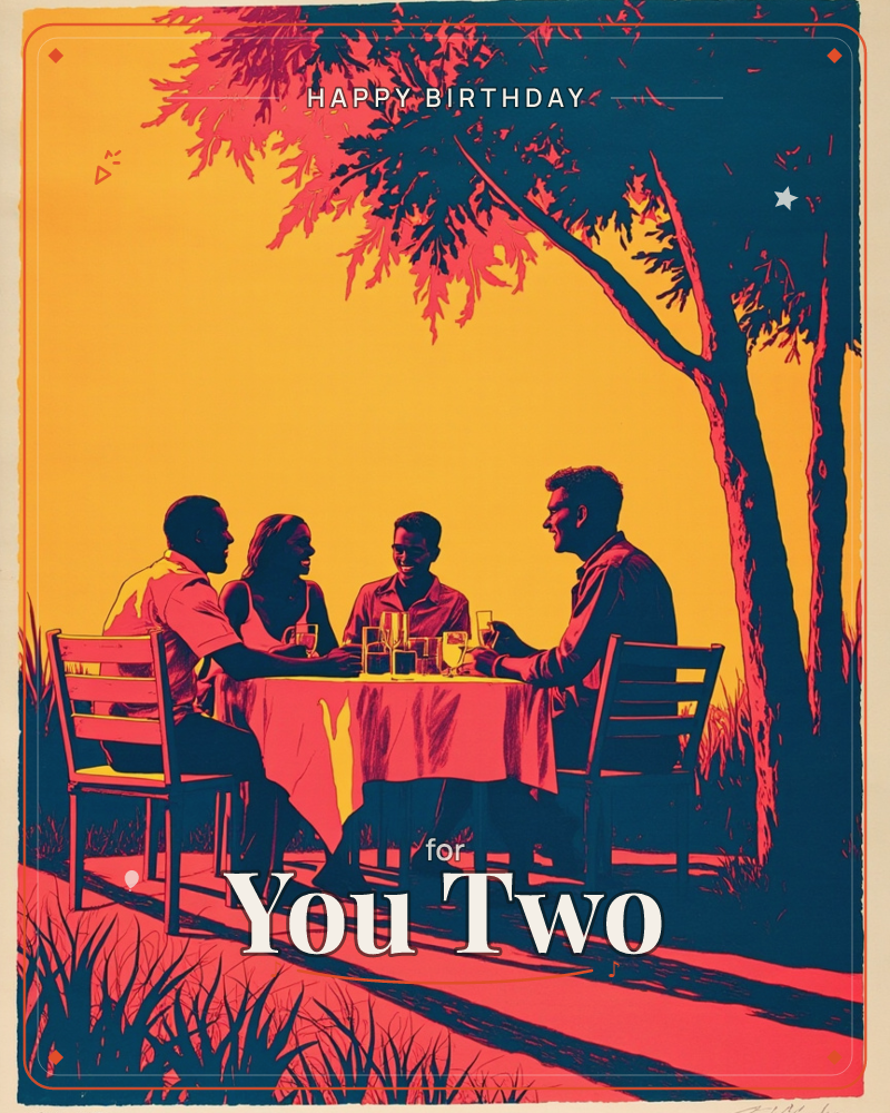 A group of four friends sit around a table draped in a golden cloth, gathered beneath a sprawling tree with glasses raised in conversation, a birthday e-card design