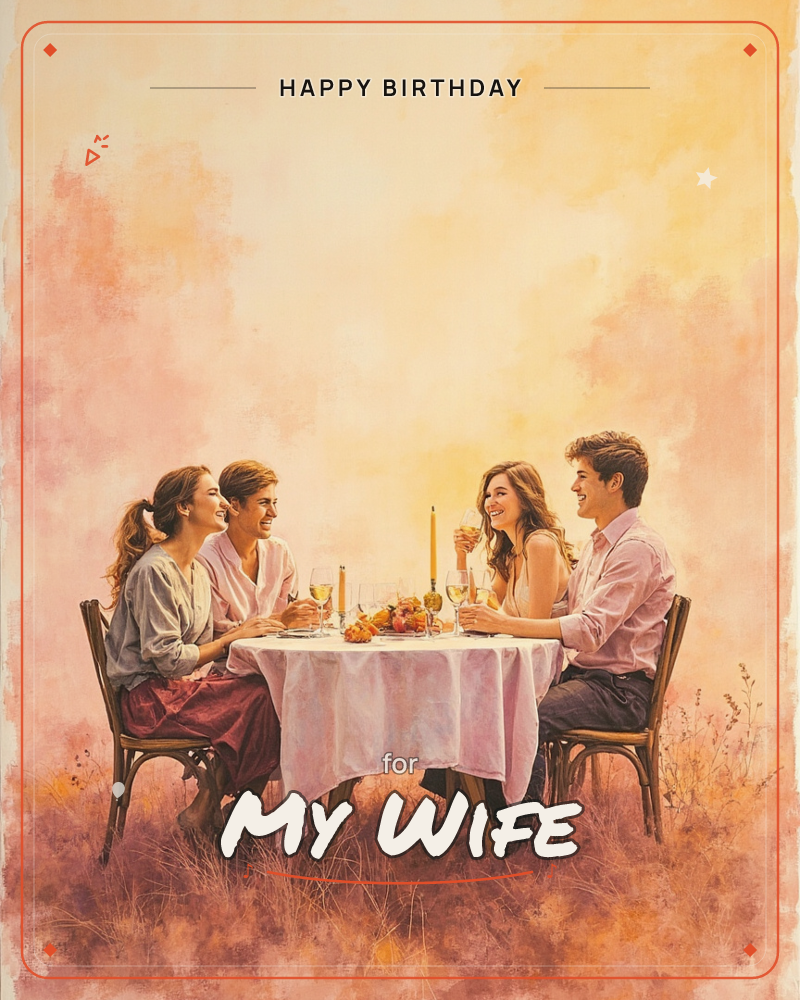 Two couples sit at a candlelit table draped in white linen, set out in a golden field with tall grasses catching the light, a birthday e-card design