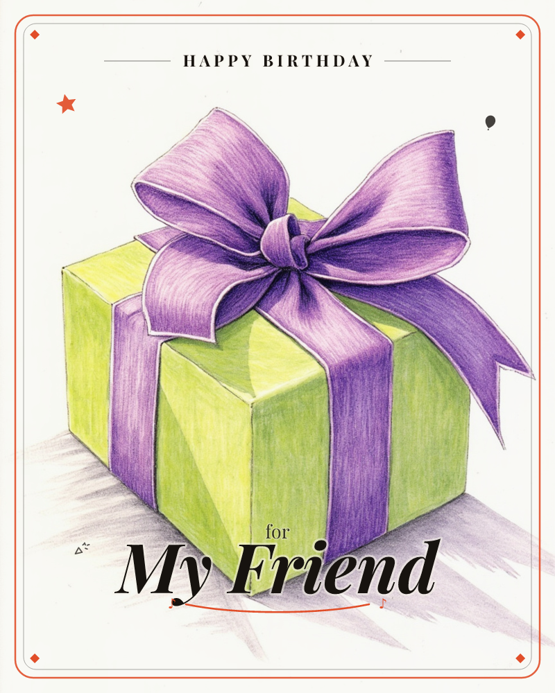 A single wrapped present sits against a plain white background, its lime-green box crossed with a bold purple ribbon and topped with a large…, a birthday e-card design
