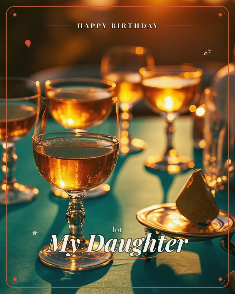 A cluster of vintage glass goblets filled with amber-gold wine catches the warm glow of candlelight against a deep teal tablecloth, a birthday e-card design
