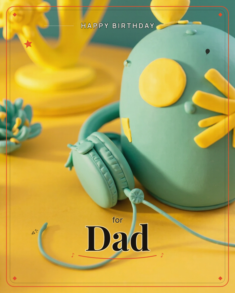 A whimsical claymation-style scene shows a sculpted sage-green head shape decorated with a yellow sun, dots, and starburst patterns, paired with…, a birthday e-card design