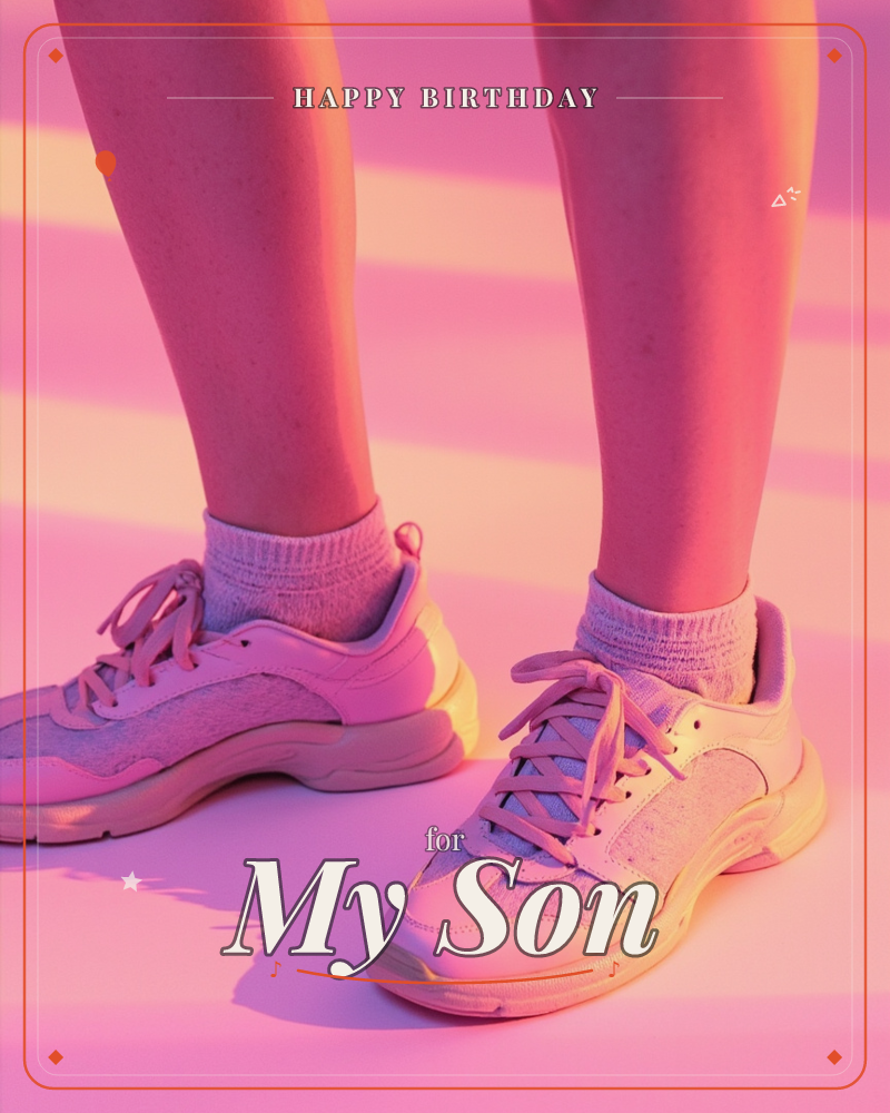 A close-up photograph of a person's bare legs and feet standing on a pink surface, wearing chunky sneakers and cropped socks, a birthday e-card design