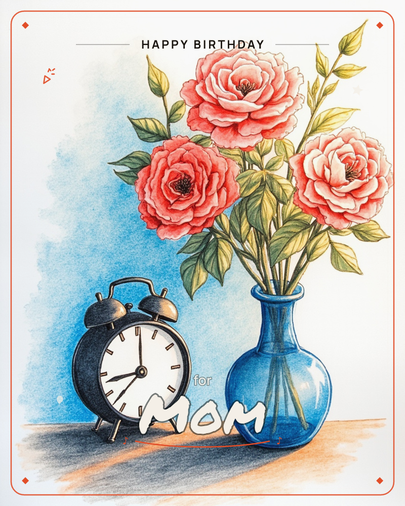 A still life of three full-bloomed pink roses with slender green stems arranged in a round blue glass vase, standing beside a black twin-bell alarm clock, a birthday e-card design