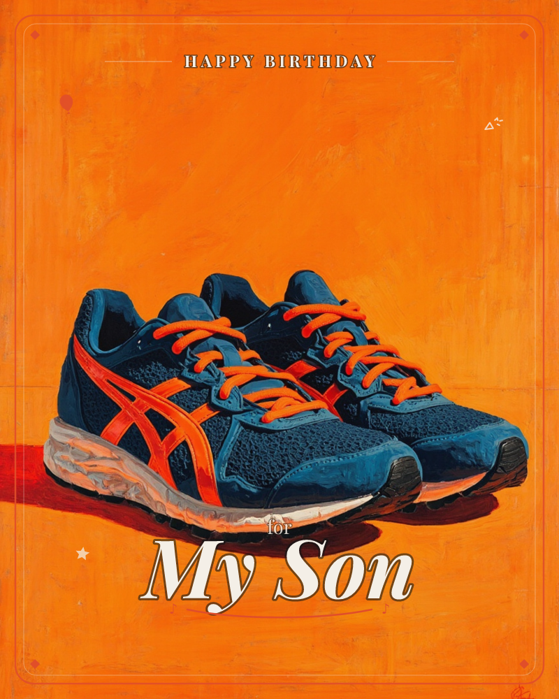 A pair of navy running shoes with bold orange laces and stripe details sits against a flat, glowing orange background, a birthday e-card design