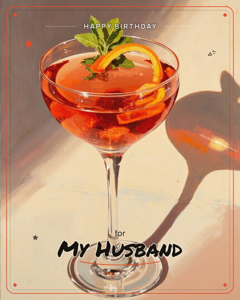 A coupe glass filled with a deep amber-red cocktail sits centre stage, garnished with a curl of orange peel and a sprig of fresh mint, a birthday e-card design