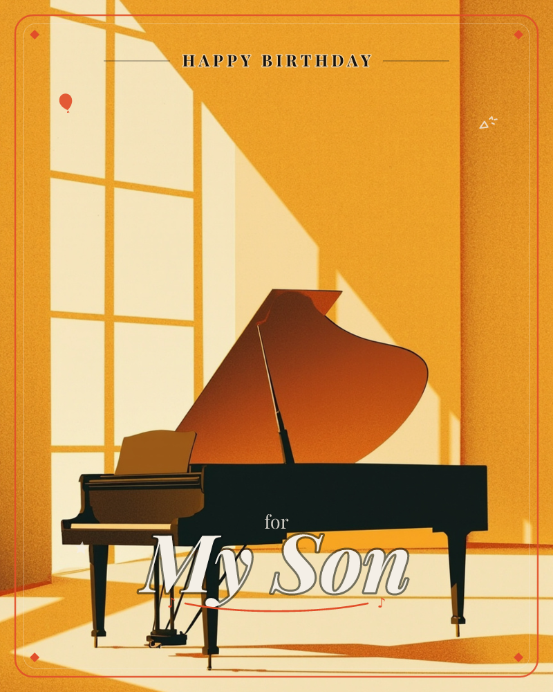 A grand piano sits alone in a sunlit room, its lid propped open and its silhouette rendered in deep amber and black, a birthday e-card design