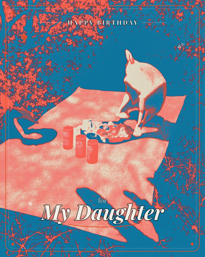 A duotone illustration in coral and teal shows a dog investigating a picnic spread laid out on a blanket beneath dappled tree branches, with three cans…, a birthday e-card design