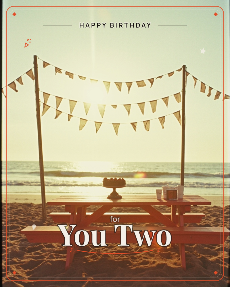 A wooden picnic table sits alone on a sandy beach, set with a small cake on a stand and a couple of wrapped gifts, while two rows of triangle bunting…, a birthday e-card design