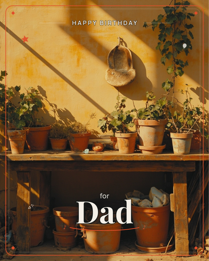 A sun-warmed courtyard wall glows ochre in late afternoon light, with terracotta pots of trailing ivy and geraniums lined along a weathered wooden…, a birthday e-card design
