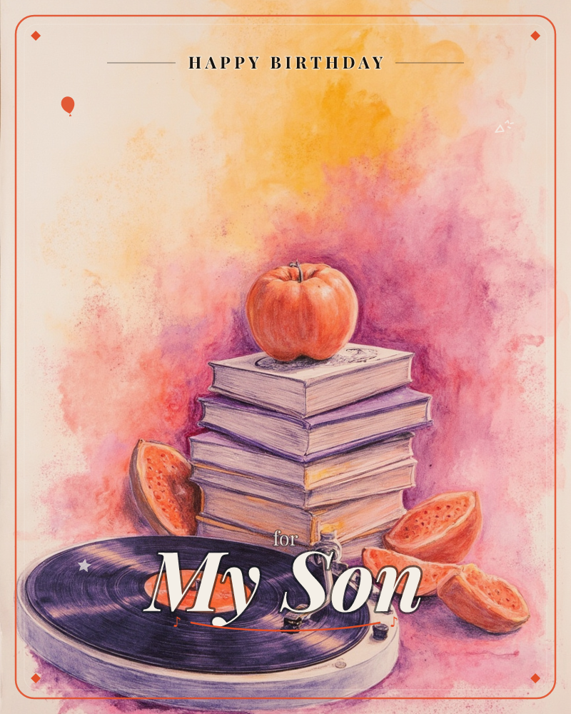 A stack of well-worn books topped with a glossy apple sits beside a spinning record player, with juicy citrus wedges scattered on the surface below, a birthday e-card design