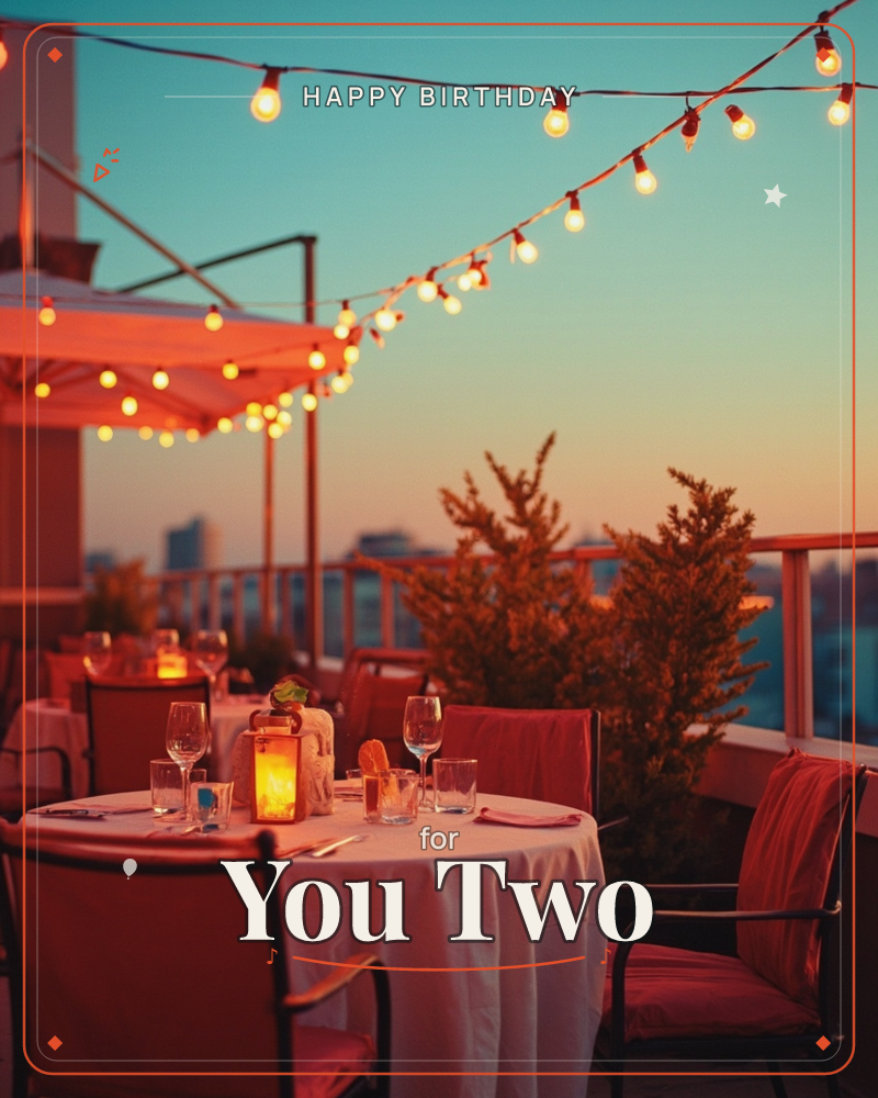 A rooftop terrace is set for dinner at dusk, with round tables laid in white linen, wine glasses, and a glowing lantern centerpiece, a birthday e-card design