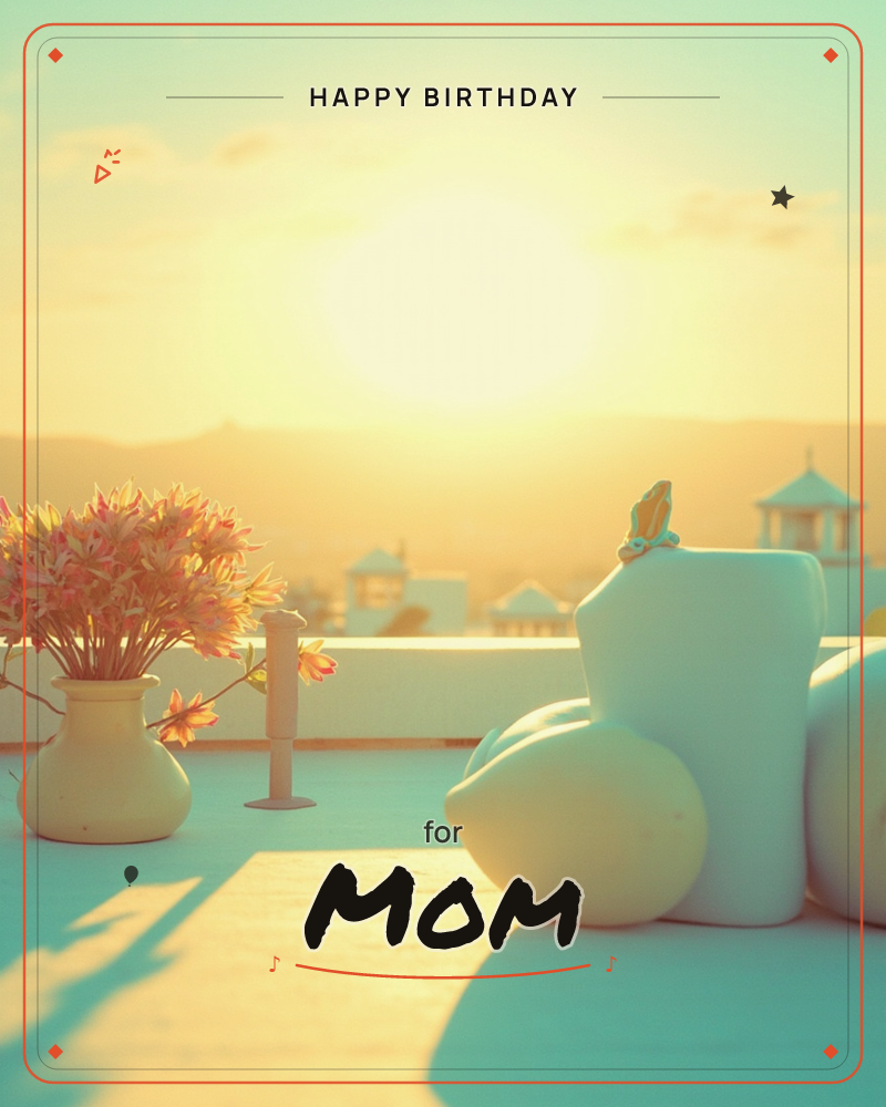 A rooftop terrace glows in a golden sunset, with a vase of pink and coral flowers beside a small candle, and rounded pale-blue vases catching the last…, a birthday e-card design