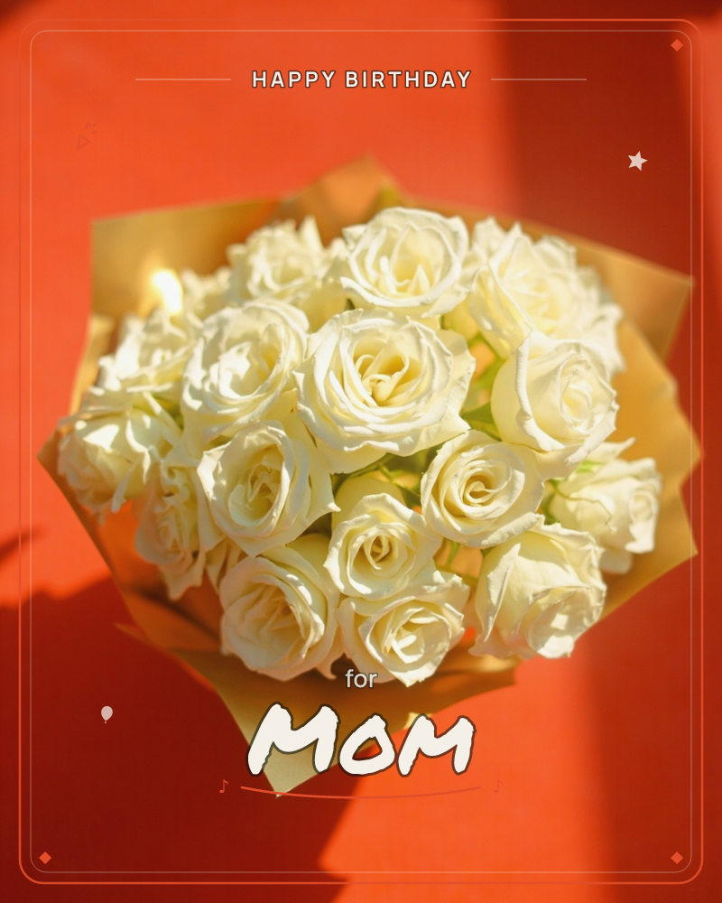 A bouquet of white roses wrapped in gold paper sits on a bold orange-red surface, shot from directly above, a birthday e-card design