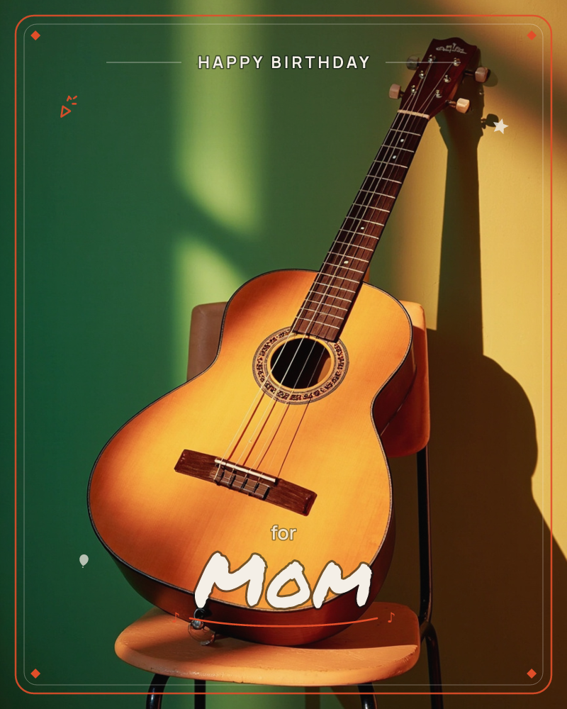 A classical guitar rests on a wooden chair, leaning against a wall painted half green and half warm mustard, a birthday e-card design