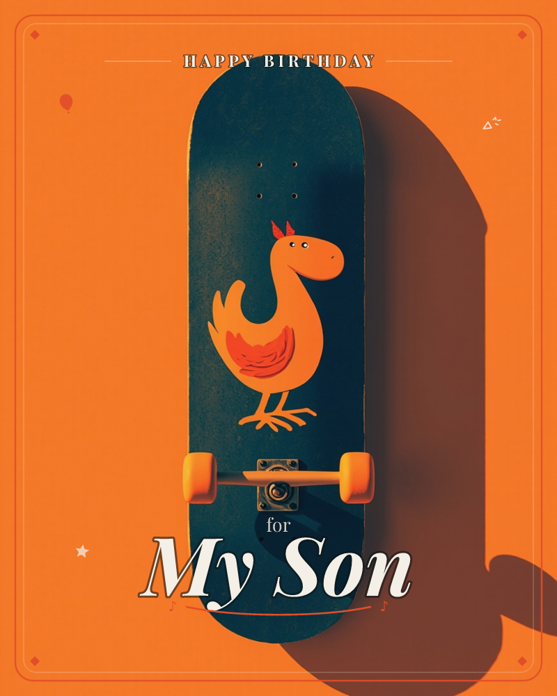 A skateboard deck hangs flat against a bold orange wall, its dark navy surface printed with a cartoon orange chicken standing proudly, a birthday e-card design