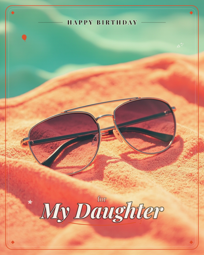 A pair of gold-rimmed aviator sunglasses rests atop a rumpled coral-orange towel, with a blurred turquoise sea glowing softly in the background, a birthday e-card design