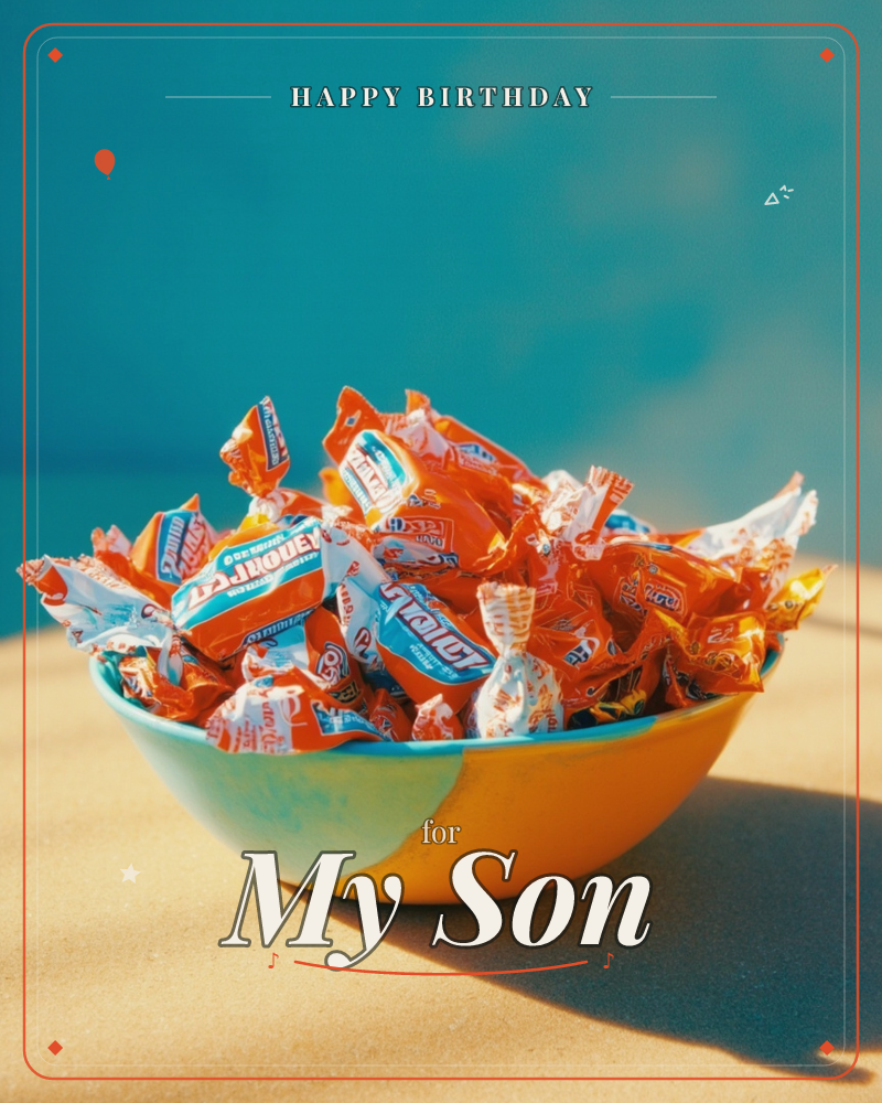 A bright yellow-and-orange bowl overflows with individually wrapped candies in orange and blue foil, sitting on a sandy tan surface against a deep…, a birthday e-card design