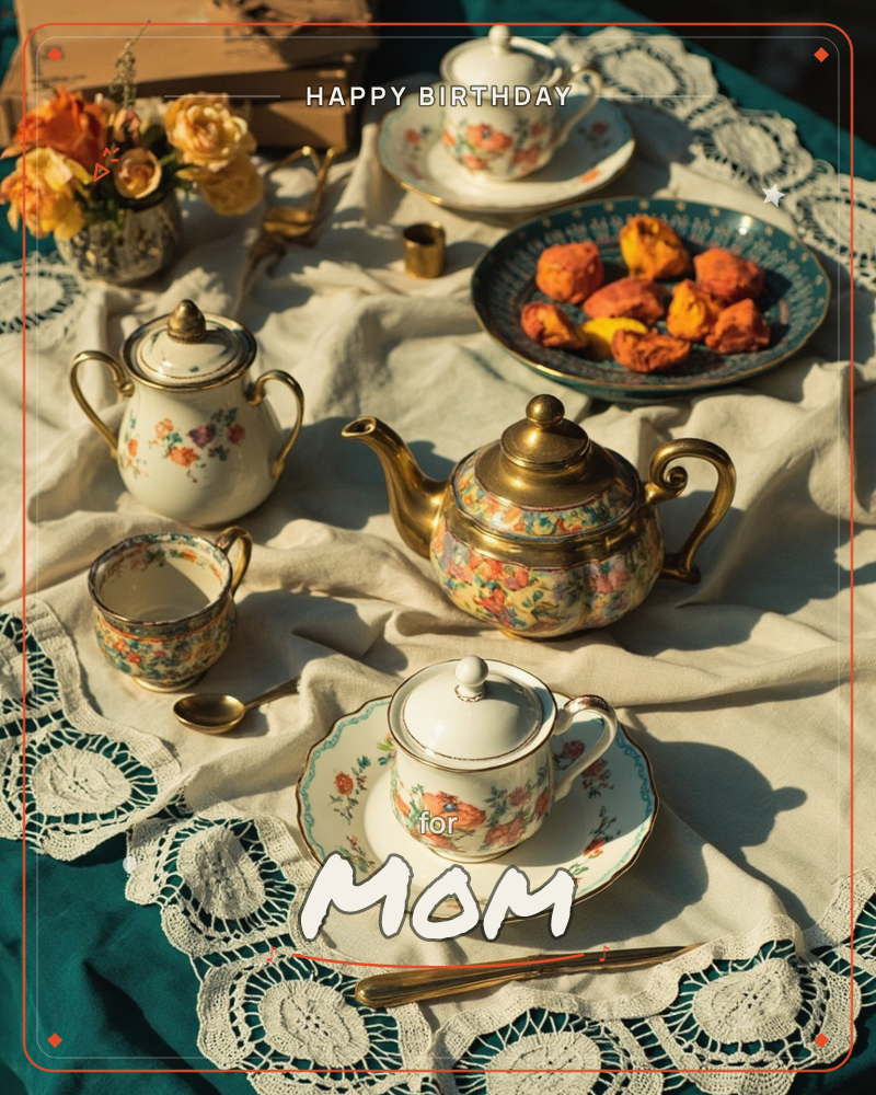 A vintage floral tea set is arranged on a cream cloth over a deep emerald lace-edged table, golden afternoon light raking across the porcelain, a birthday e-card design