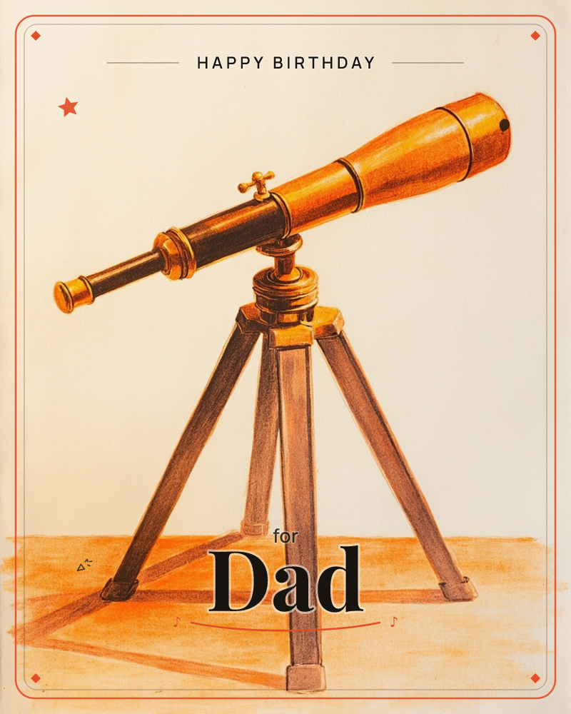 A brass telescope rests on a wooden tripod, angled upward as if scanning the sky, a birthday e-card design