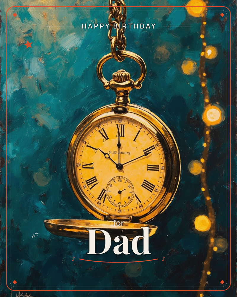 A gold pocket watch hangs open on its chain against a richly textured teal background, its cream face showing Roman numerals and a small subdial, a birthday e-card design