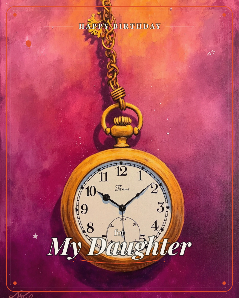 A gold pocket watch hangs from its chain against a glowing backdrop of magenta and burnt orange, painted in loose smoky washes, a birthday e-card design